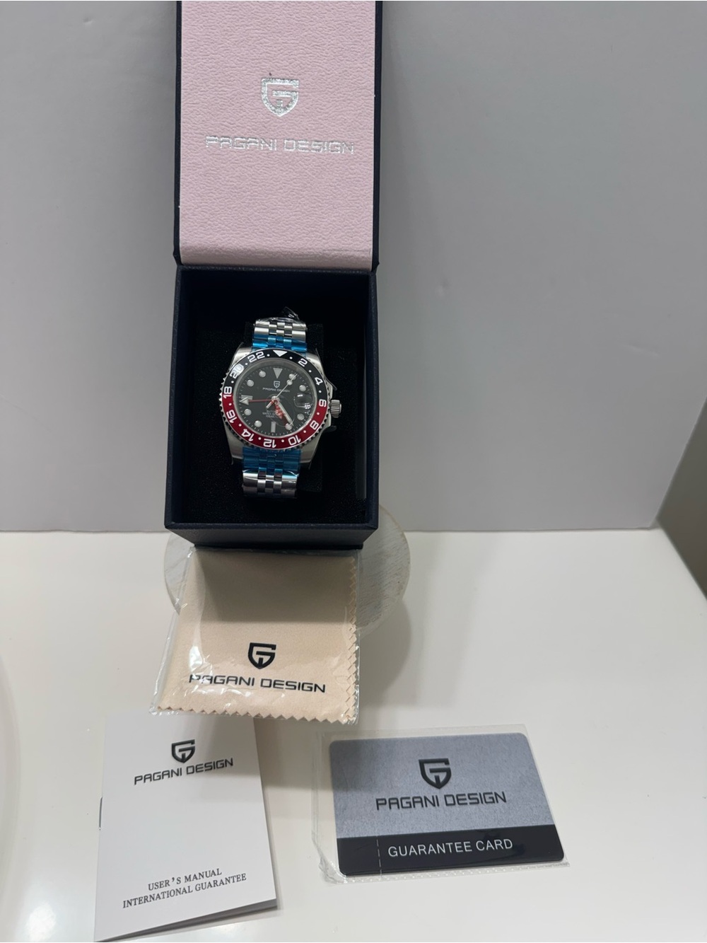 Pagani Design Men's Stainless Steel Watch - Black Dial, Red & Blue Bezel